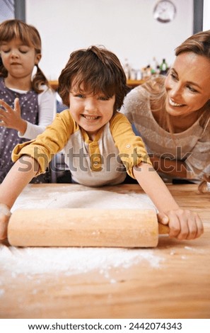 Mother, children and rolling pin with dough in kitchen for pizza, young and growing up for adolescent and family. Mom, kids and smile with flour for food and roll for fun, bonding and joy in holiday