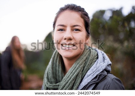 Bush, portrait and woman with smile for hiking with friend, vacation and adventure for journey. Adult, girl and female person in holiday for winter in nature of Cape Town with happiness for travel