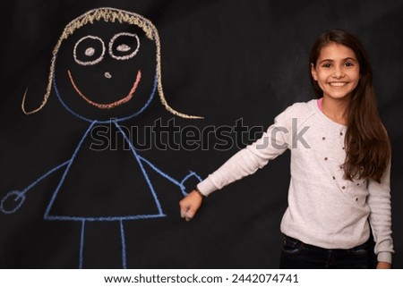 Blackboard, children or girl holding hands with art, drawing or picture of imaginary friend on dark background. Fantasy, creative or kid person with chalk sketch, dream or school homework assignment