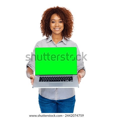 Green screen, laptop or portrait of happy woman in studio with social media mockup on white background. Computer, space or of female student face with online, sign up or learning, registration or app