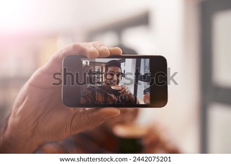Smartphone, screen and selfie with man, hand and photography for social media, live streaming and memory. Closeup, influencer with content creation and communication, mobile app and smile in picture