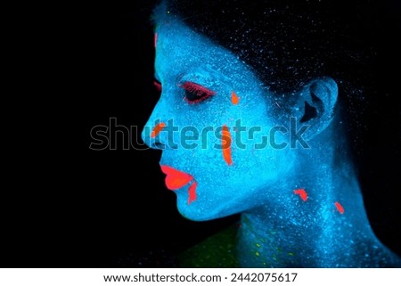 Face, neon and psychedelic universe for creative, art and glitter with unique surreal glow. Person, science fiction and color with dream, rave and abstract uv illusion for mystical fluorescent trance