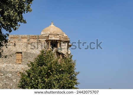 isolated ancient fort unique architecture with bright blue sky at morning image is taken at Kumbhal fort kumbhalgarh rajasthan india.