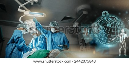 Doctors, hospital and surgery with global hologram of earth in operating room with ppe, anatomy and emergency. Surgeon, group and planet in icu, 3d overlay and cardiology with heart icon at clinic