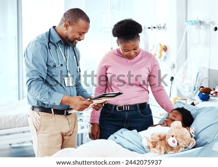 Doctor, hospital and child with medical, checkup and consultation for health and wellness. Pediatrician, kid and bed with stuffed bear, comfort and good news for healthcare and life insurance