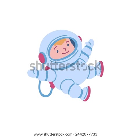 Delightful vector illustration of a child astronaut floating in zero gravity, designed for children's space education and entertainment