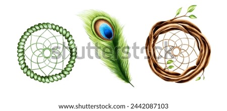 Marker illustration of ethnic wooden dream catcher pendant, wreath of twigs with spring leaves and peacock feather in watercolor style. Hand painted holder isolated on white background. Clip art for d