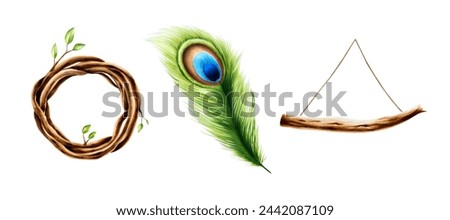 Marker illustration of ethnic wooden dream catcher pendant, wreath of twigs with spring leaves and peacock feather in watercolor style. Hand painted holder isolated on white background. Clip art for d