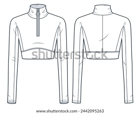 Zipped Crop Top technical fashion illustration. Long Sleeve Jacket fashion flat technical drawing template, roll neck, slim fit, front and back view, white, women, men, unisex CAD mockup. Royalty-Free Stock Photo #2442095263