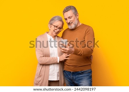 Happy mature gray couple looking at smartphone screen, senior man and woman hugging while using mobile application on cell phone, shopping or websurfing online, over yellow background Royalty-Free Stock Photo #2442098197
