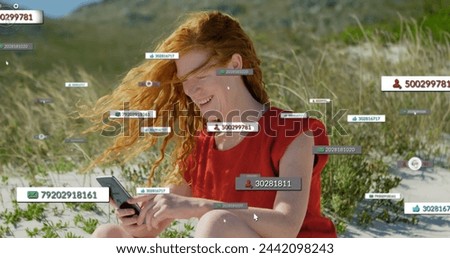 Image of media icons over caucasian woman using smartphone. Global business, finances and digital interface concept digitally generated image.