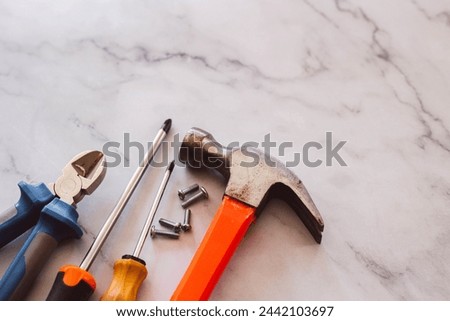 
Screwdriver, hammer, nails, screws on a marble background Royalty-Free Stock Photo #2442103697