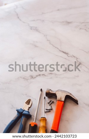 
Screwdriver, hammer, nails, screws on a marble background Royalty-Free Stock Photo #2442103723