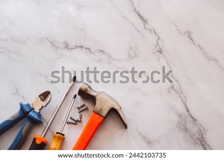 
Screwdriver, hammer, nails, screws on a marble background Royalty-Free Stock Photo #2442103735