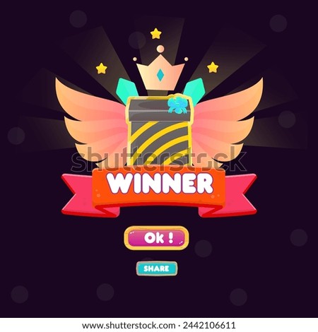 Game UI  You Win Pop Up Badge Gold Stars , Wings Crown Brown Gift And Red Ribbon For Games Cute Cartoon Style Vector Design