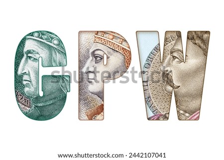 Inscription GPW (Abbreviation related to Stock Exchange in Poland) text made of Polish Banknotes Isolated on White Background