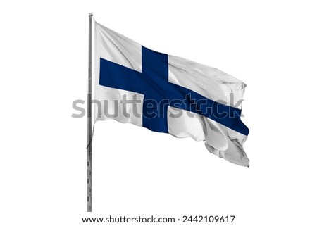 Waving Finland Country Flag, white background, close up, selective focus, national, flagpole, official, public, colorful