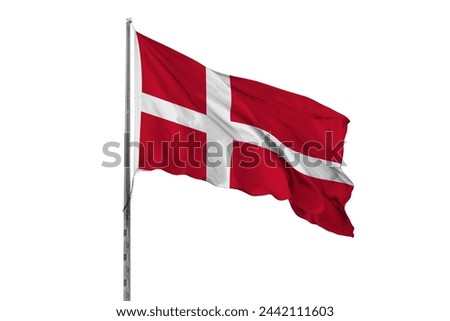 Waving Denmark Country Flag, white background, close up, selective focus, national, flagpole, official, public, colorful