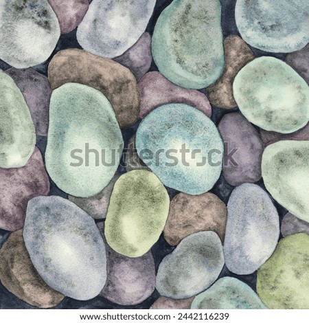 Multicolored pebbles watercolor clip art Pebbles backdrop. Illustration oval underwater rocks, undersea ornament for wallpaper, printing, backgrounds. Colorful gravel artwork