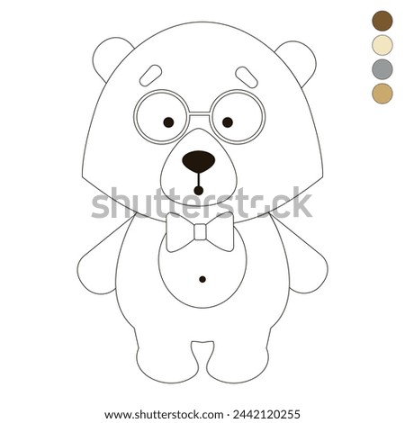 Cute bear surprised coloring in cartoon style, with glasses and butterfly, symmetry, vector, with color swatches for coloring, black and white 