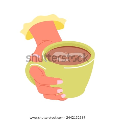 Hand with hot chocolate mug. Warm beverage, hot coffee or tea cup cartoon vector illustration