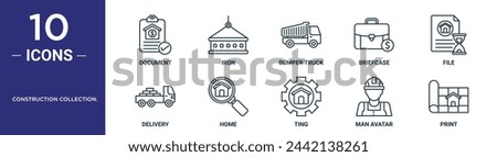 construction collection. outline icon set includes thin line document, iron, dumper truck, briefcase, file, delivery, home icons for report, presentation, diagram, web design