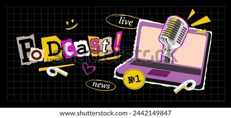 Cover for podcast. Laptop illustrations, speech bubbles with collage microphone, drawn elements in dark background. Vector Collage in trendy retro style with flat illustration. Paper cut-out