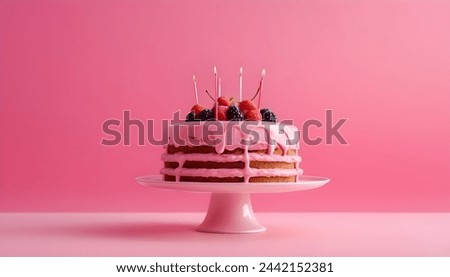 Strawberry Cake picture on abstract pink background 