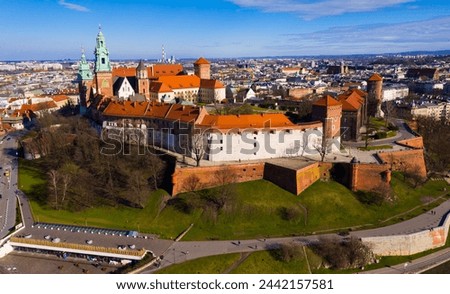 Aerial view of old Wawel Castle by the river in Krakov, Poland