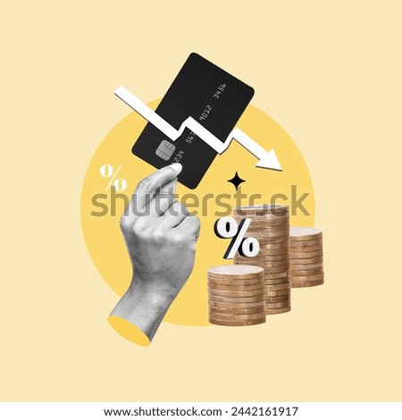 Low rate, credit card, debit card, yields decrease, less money, downward trend, economic recession, inflation, stagflation, business, financial loss, inflation, Reduction, Downward movement, Sales Royalty-Free Stock Photo #2442161917