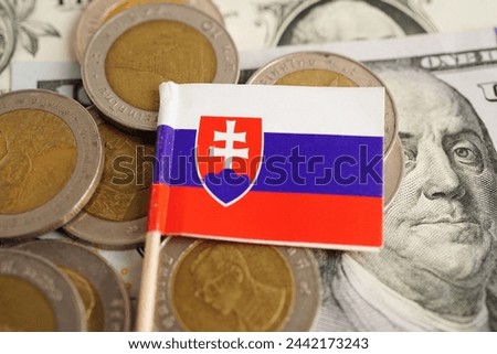 Slovakia flag on coins background, finance and accounting, banking concept.