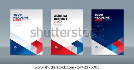 Dark blue, red and white Abstract triangle on white and dark blue background. A4 size book cover template for annual report, magazine, booklet, proposal, portfolio, brochure, poster
