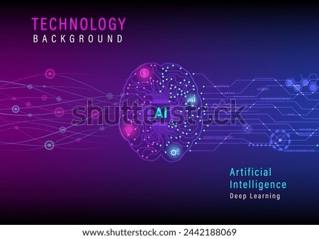 Abstract background technology futuristic artificial intelligence Brain machine learning has a microprocessor with electronic circuits and glowing icons, purple and blue gradient background. Royalty-Free Stock Photo #2442188069