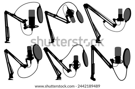 set condenser microphone silhouette icon. studio voice recorder for Podcast design illustration