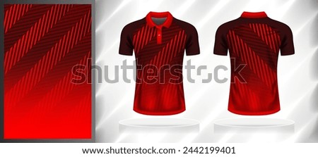 Vector sport pattern design template for Polo T-shirt front and back with short sleeve view mockup. Dark and light shades of red color gradient abstract geometric line texture background.