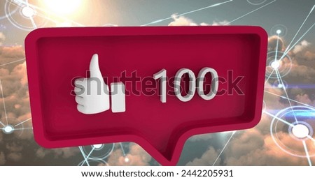 Digital image of follow, like and heart icons increasing in numbers with a sky background 4k