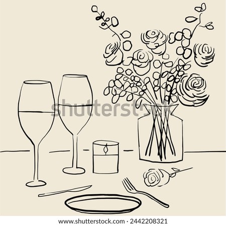 Hand drawn dinner table. Vector illustration of table served and decorated with flowers and candles. Minimalist line art. Illustration for invitations, stationery, printables, social media