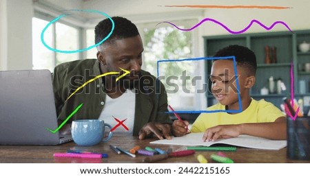 Image of shapes and arrows over happy african american father and son with laptop and homework. family, togetherness, spending quality time concept digitally generated image.