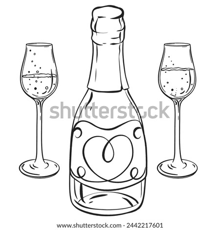 a black and white drawing of a bottle of champagne and two wine glasses
