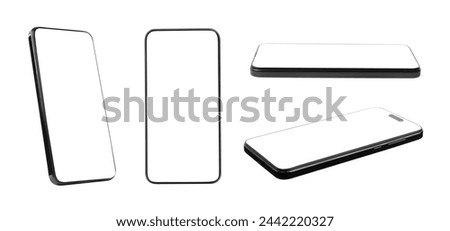 Smartphones with blank screens isolated on white, collage. Mockup for design