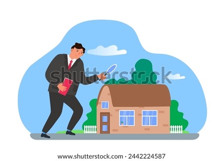 house inspection  and appraisal concept man holding magnifying glass checking real estate  vector illustration