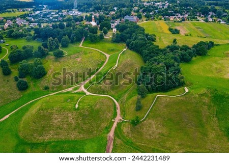 Panorama view of the Hillforts of Kernave, ancient capital of Grand Duchy of Lithuania. Royalty-Free Stock Photo #2442231489