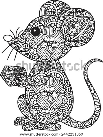 Hand draw rat with mandala style for adult coloring book, mouse outline for t-shirt design
