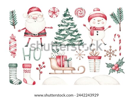 Cute santa claus, funny snowman, sleigh, Christmas tree clip art hand drawn with watercolor. Isolated on white. For Christmas cards, invite, logo, banner, scrapbook, frame art and so on