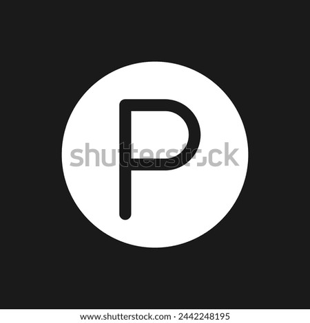 Parking location dark mode glyph ui icon. Find garage. GPS navigation. User interface design. White silhouette symbol on black space. Solid pictogram for web, mobile. Vector isolated illustration