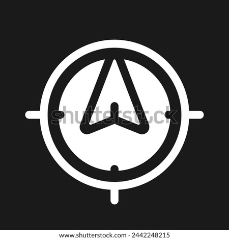 Tracking position in real time dark mode glyph ui icon. GPS navigation. User interface design. White silhouette symbol on black space. Solid pictogram for web, mobile. Vector isolated illustration