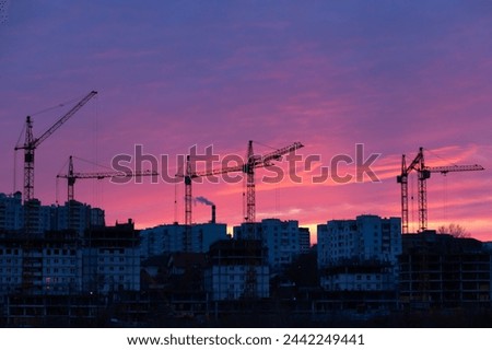 Multiple cranes on building multiple residential houses. Very large construction site at the background of an atmospheric red and blue sky.