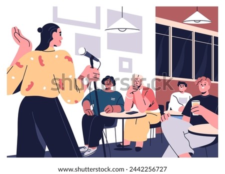 Audience and woman comic at standup comedy show, open mic. Female comedian at microphone in front of laughing public in stand-up club, live humor performance with jokes. Flat vector illustration