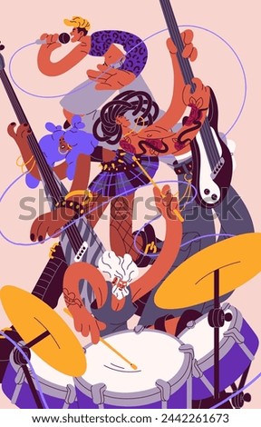 Rock band on vertical poster. Musicians play music instruments: drum, electric guitar. Singer sings song with microphone, guitarists perform. Performers, artists in concert. Flat vector illustration