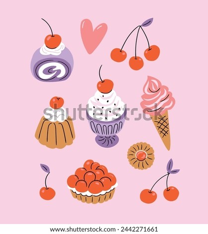 Vector cute dessert set. Stylized cakes, ice cream and cherry isolated on light pink  background. Vector fruit and bakery illustration. Dessert illustrated card in hand-drawn style.